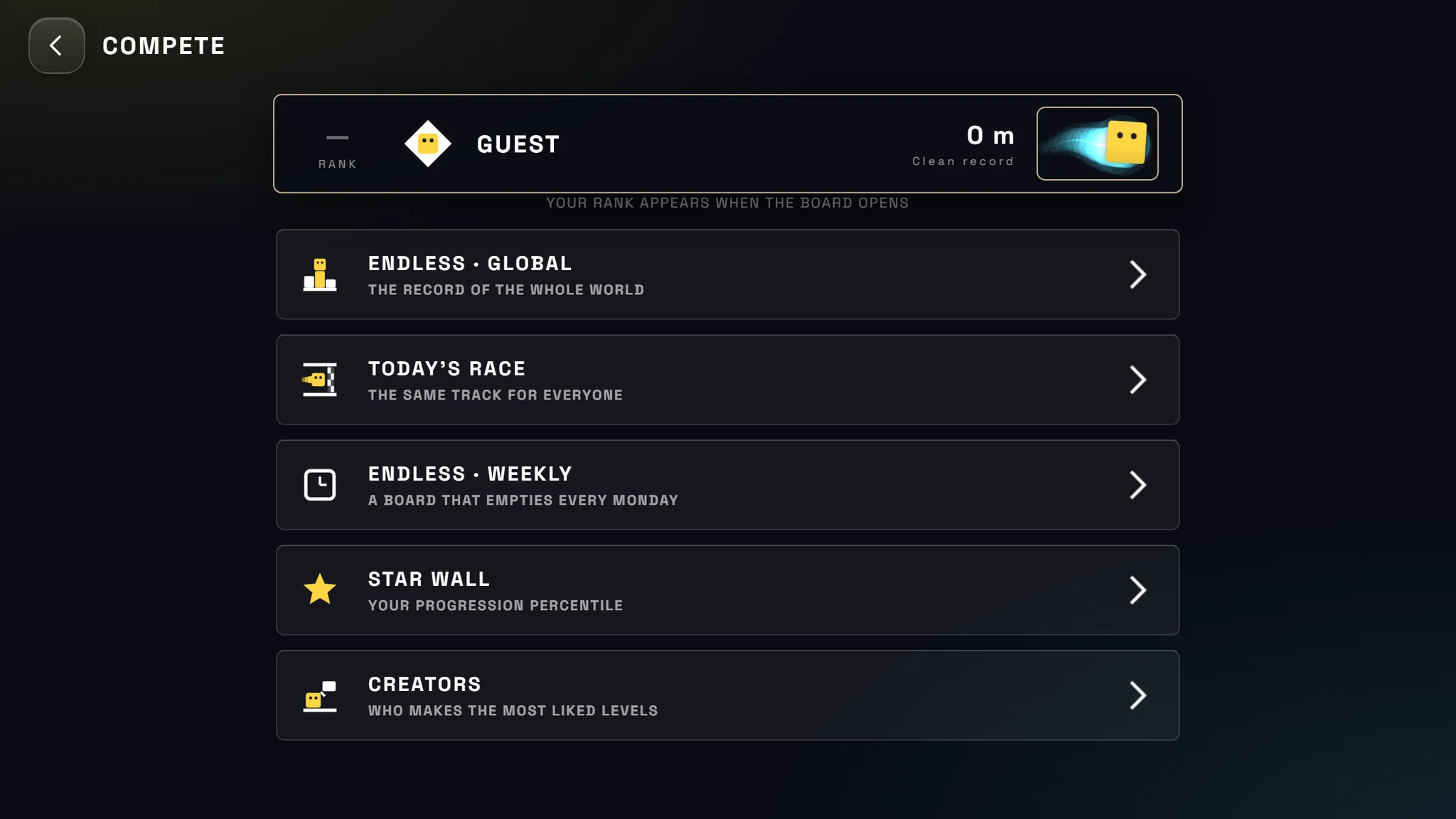 The compete screen with the five leaderboards.