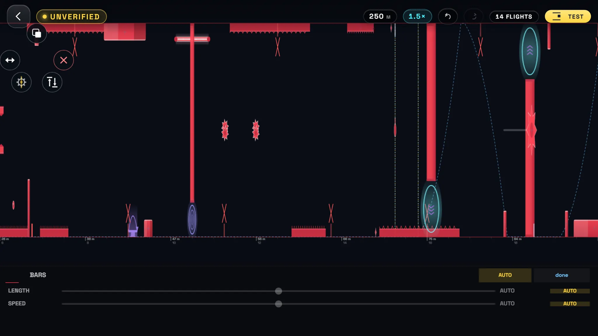 The level editor with a piece selected and its sliders open.