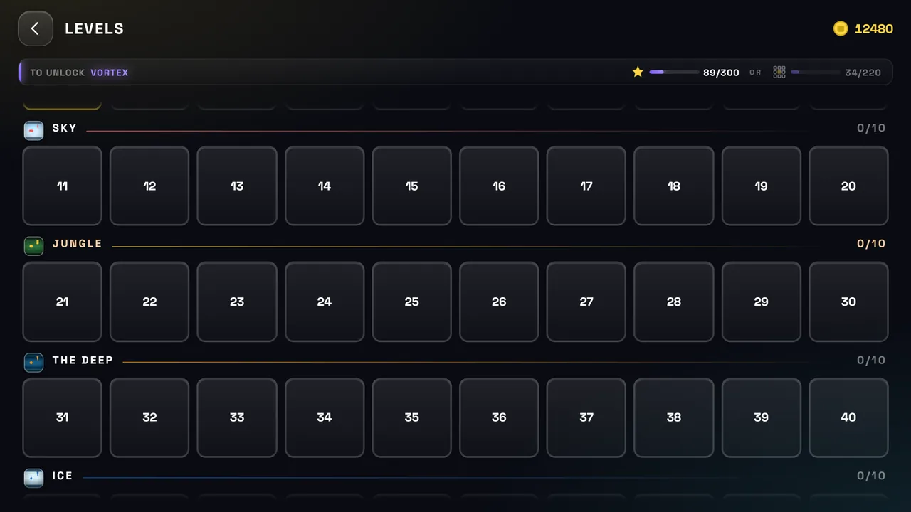 The level grid of a world, with the stars earned on each one.