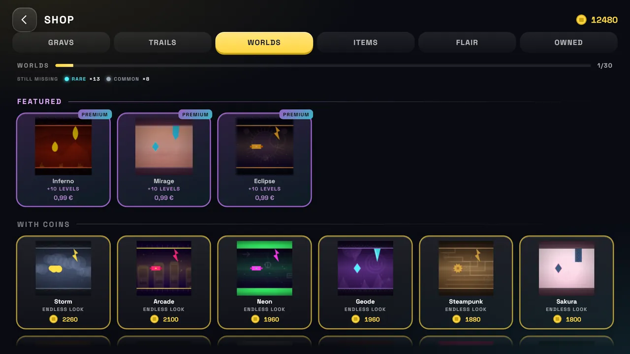The store: world themes, with the paid ones marked premium.