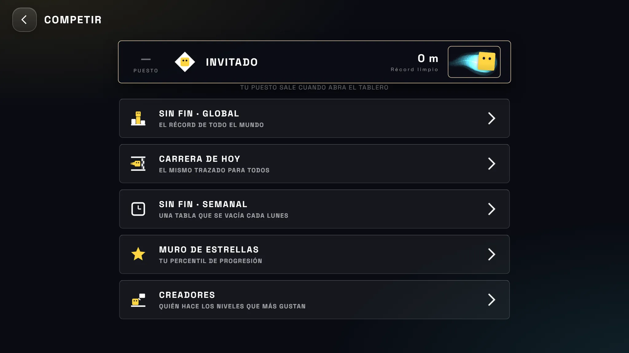 La pantalla de competir con las cinco tablas.