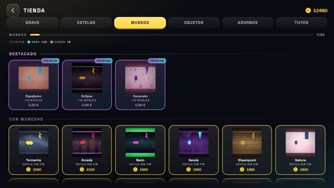 La tienda: mundos, con los de pago marcados como premium.
